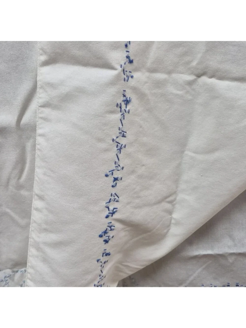 Vintage Hand Embroidered White Tablecloth Blue Cross-Stitch Heart Floral Cotton